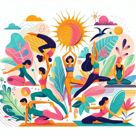 Vector illustration of a group of people practicing yoga in the park.