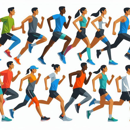 Running people, men and women, vector illustration, seamless pattern.