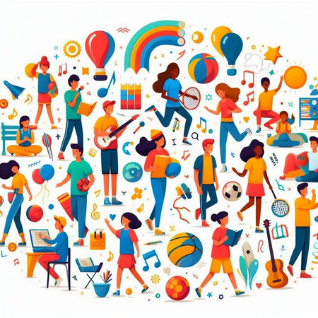 Vector illustration of a group of people in a flat style with musical instruments and music on a white background.の写真素材