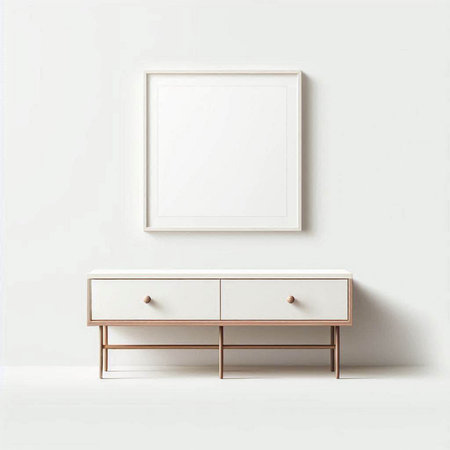 Modern interior with wooden chest of drawers and blank picture frame. Mock up, 3D Rendering