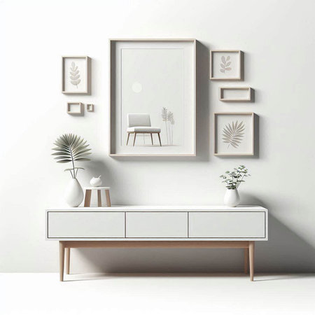 Interior of modern living room with white walls, concrete floor, white chest of drawers and wooden furniture. 3d renderの写真素材