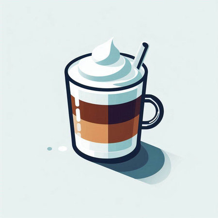 Iced coffee with whipped cream in a glass cup. Vector illustration.の写真素材