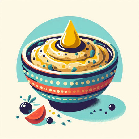 Bowl of hummus with olives and olive oil. Vector illustration.の写真素材