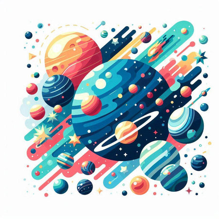 Colorful space background with planets, stars and comets. Vector illustration.