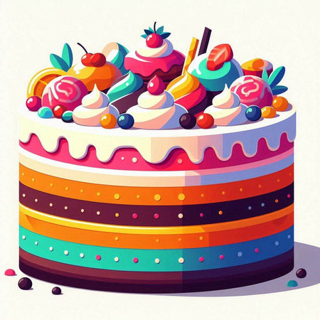 Colorful birthday cake with cream and cherries, vector illustration.