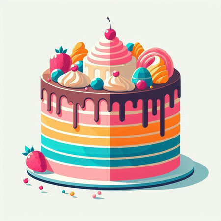 Birthday cake with cream and berries. Vector illustration in cartoon style