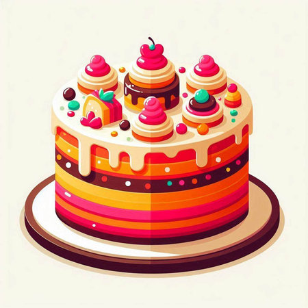 Birthday cake with cream and cherry on top. Vector illustration.