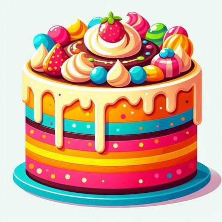 Colorful birthday cake with cream and candies. Vector illustration.