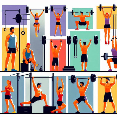 Fitness people with barbells and weights. Vector illustration.