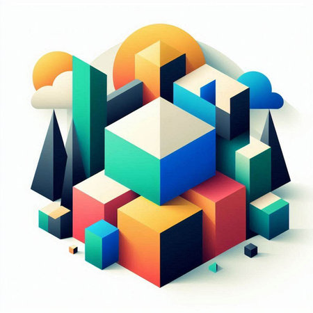 Abstract 3d geometric background with colorful cubes and clouds. Vector illustration.