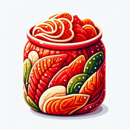 Illustration of a red jar with food on a white background.