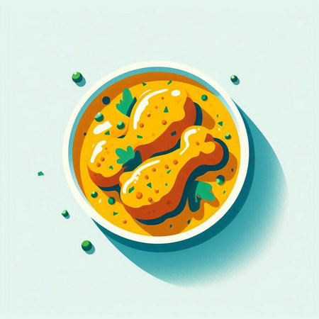 Bowl of chicken curry with parsley. Vector illustration in flat styleの写真素材