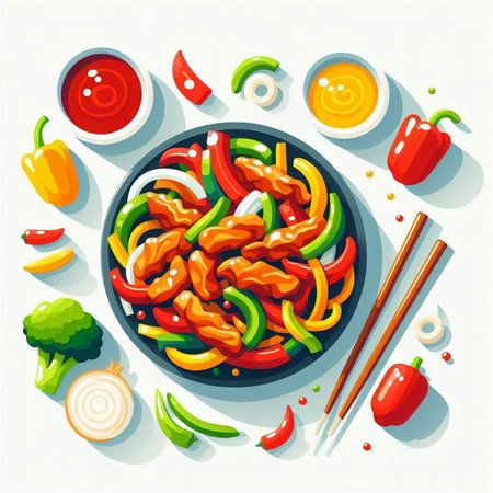Pork chopsticks and vegetables in a bowl. Vector illustration.の写真素材