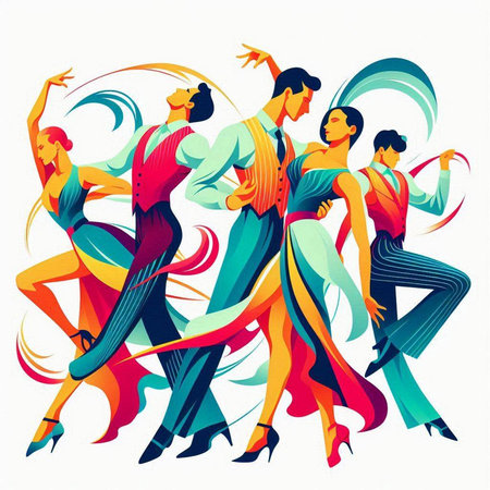 Dancing people. Group of dancers in colorful dresses. Vector illustration.