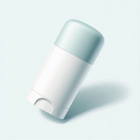 Plastic bottle of deodorant on a light blue background.