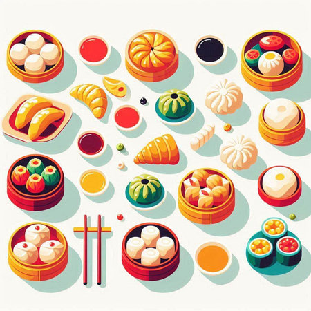 Japanese food icons set in flat style. Vector illustration of japanese food.の写真素材