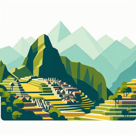 Mountain landscape with green hills, mountains and forest. Vector illustration.