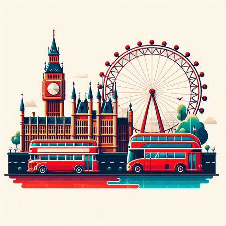London, United Kingdom. Big Ben and double decker bus. Vector illustration.