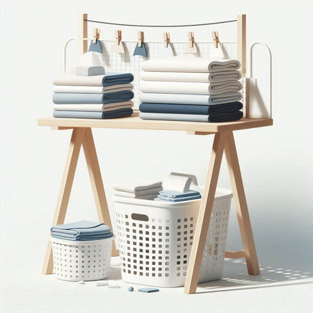 Laundry basket with towels and ironing board on the wall