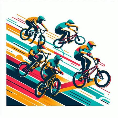 Cyclists riding bikes on colorful abstract background. Vector illustration.