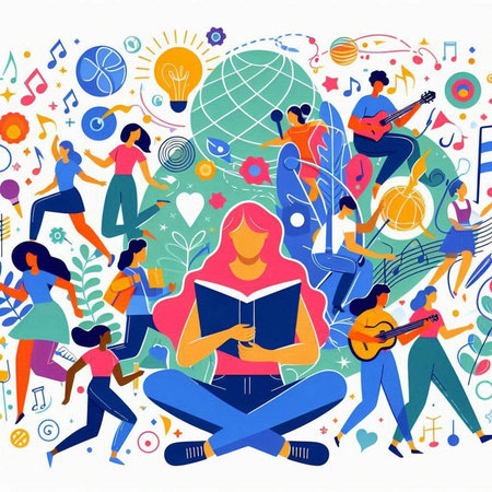 Flat design modern vector illustration concept of education, learning, reading, listening to music,...