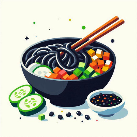 Noodles in a bowl with chopsticks and vegetables. Vector illustration