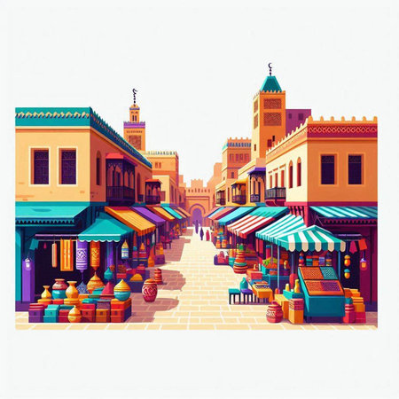 Illustration of a colorful street in Dubai, United Arab Emirates.