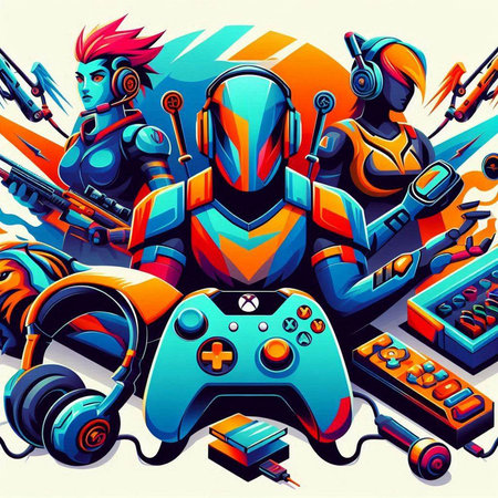 Cyborgs playing games. Vector illustration in pop art style.