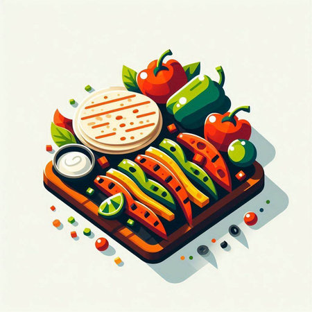 Vector illustration of grilled vegetables on wooden board. Isometric flat style.の写真素材