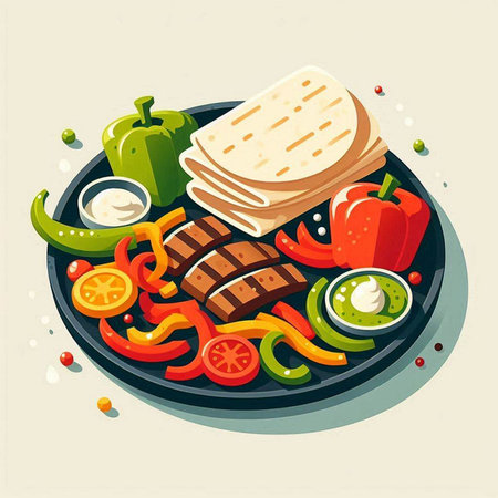Grilled meat with vegetables and sauce on a plate. Vector illustration.の写真素材