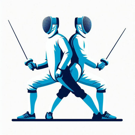 Fencing duel. Man and woman in fencing costume. Vector illustration