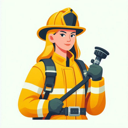 Firefighter woman in uniform and helmet. Vector illustration in cartoon style