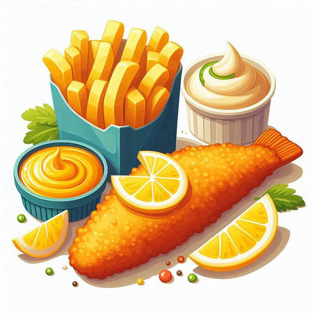 Fried fish with french fries and mayonnaise. Vector illustration