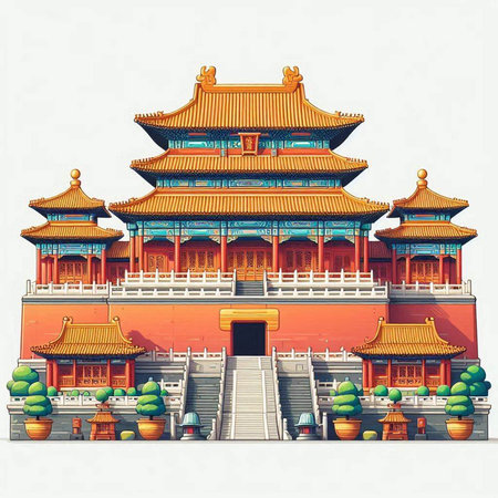 Chinese temple building in the style of Chinese art. Vector illustration.