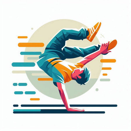 Young man dancing breakdance. Vector illustration in flat style.