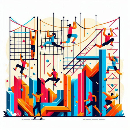 Vector illustration of people climbing the bar graph. Teamwork concept.