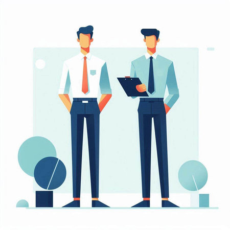 Two businessmen standing in front of a whiteboard. Flat style vector illustration.