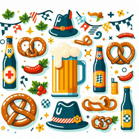Oktoberfest set with beer, pretzel, oktoberfest elements. Vector illustrationの写真素材