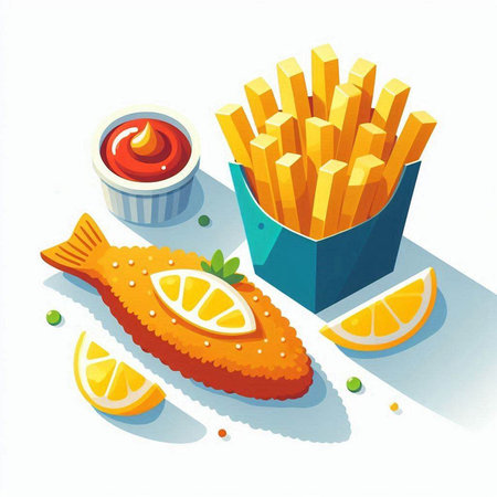 Fried fish and chips. Vector illustration in isometric style.