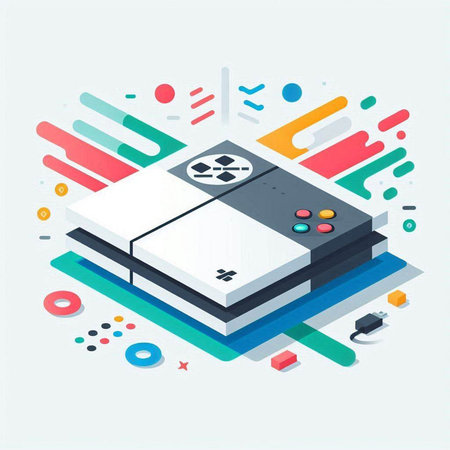Retro video game console on colorful background. Isometric vector illustration.