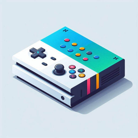Retro video game console in blue and green colors. Vector illustration.