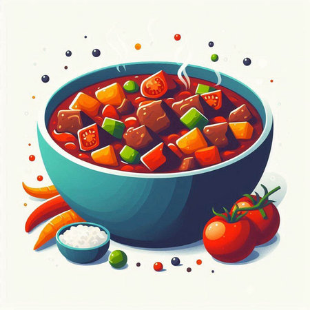 Illustration of a bowl of hot beef stew with vegetables and spicesの写真素材