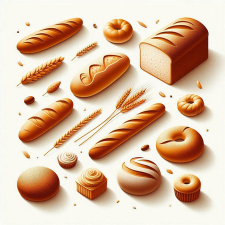 Bread and bakery products on white background. Realistic vector illustration.の写真素材