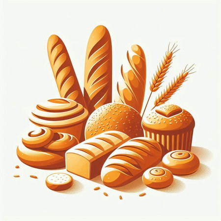 Illustration of a set of different types of bread and bakery productsの写真素材