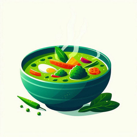 Green soup in a bowl with vegetables and herbs. Vector illustration.の写真素材