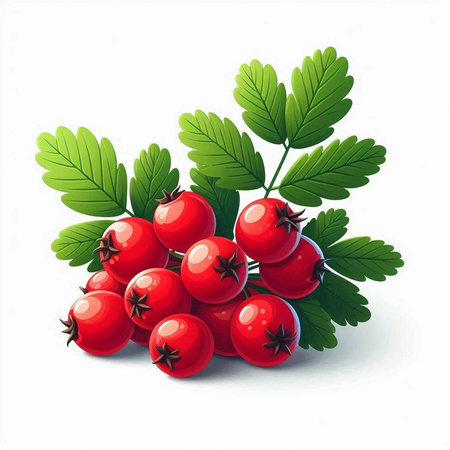 Rowan berries with leaves isolated on white background. Vector illustration.