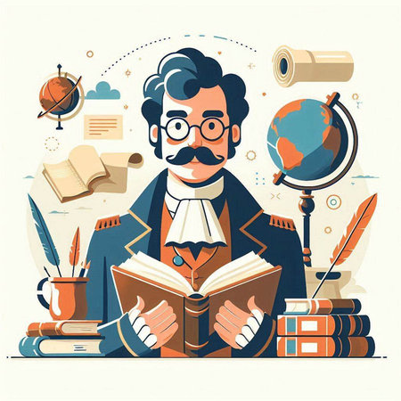 Vector illustration of a man in glasses reading a book. Flat style design.