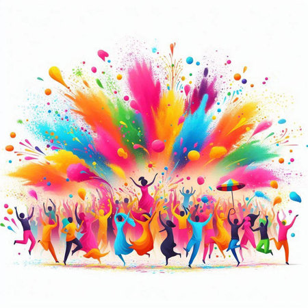 Colorful holi background with dancing people. Vector illustration for your design