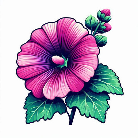 Pink hollyhock flower isolated on white background. Vector illustration.