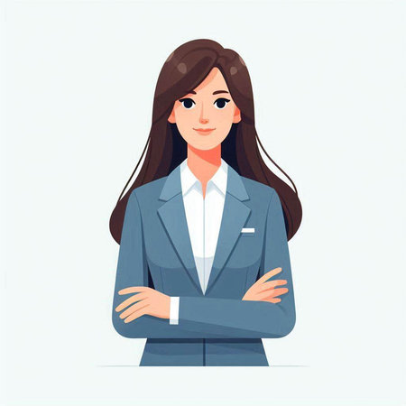 Confident businesswoman standing with crossed arms. Vector illustration in cartoon style